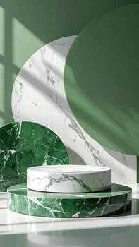A circular, two-tiered marble pedestal, featuring a soft sage green and white marble design, sits against a backdrop of overlapping circles of the same color scheme. photo