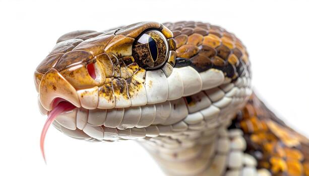 Close-up of a snake's head, showcasing intricate patterns and textures, with a vibrant display of colors and a focused, detailed perspective. photo