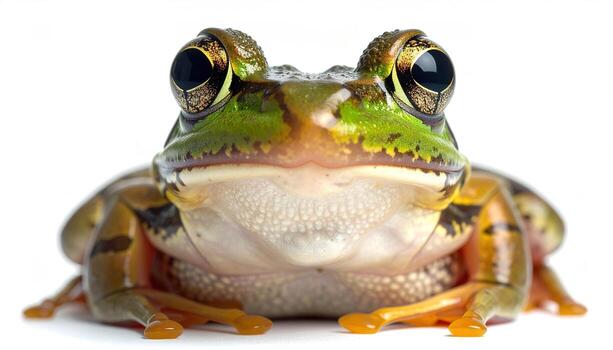 Close-up of a vibrant tree frog, displaying intricate patterns and detailed textures against a plain white background. photo