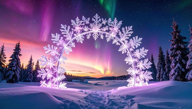A magnificent archway of illuminated frost patterns stands in a snowy landscape, framed by a vibrant aurora borealis display. photo