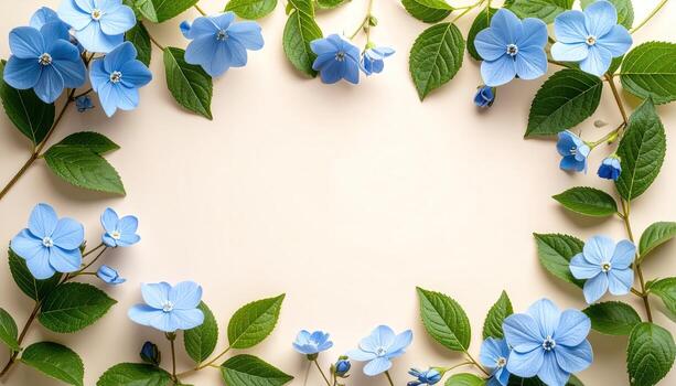 A light beige background is framed by delicate blue flowers and vibrant green leaves, creating a visually appealing and serene composition. photo