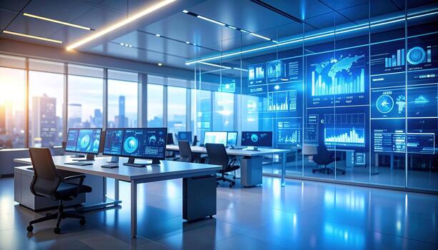 A modern, technologically advanced control room with multiple computer screens displaying dynamic data visualizations. photo
