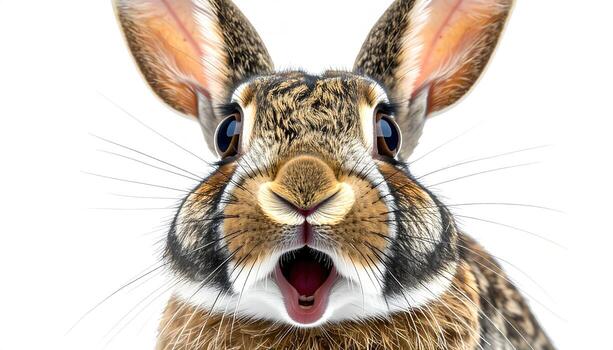 Close-up of a playful rabbit with open mouth, showcasing expressive features against a plain white background. photo