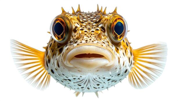 Close-up view of a spiny pufferfish, showcasing its unique speckled patterns and large, expressive eyes against a pure white background. photo