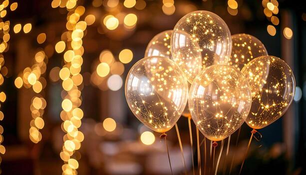 A cluster of luminous transparent balloons, adorned with embedded lights, creates a warm and inviting ambiance, highlighted by a bokeh effect from surrounding decorative lights. photo