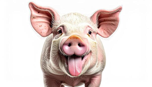 A close-up portrait of a cheerful pig with its tongue out, set against a plain white background. The pig's expression is joyful and playful, showcasing its pink snout and ears. photo