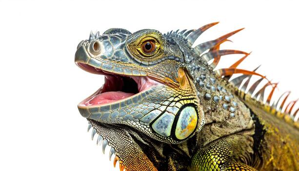 Close-up profile view of a vibrant green iguana with an open mouth, showcasing its intricate scales and striking color patterns against a plain white background. photo