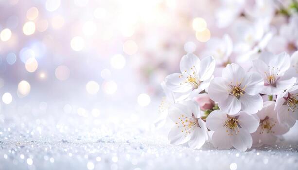 delicado primavera flores descanso suavemente en un cama de espumoso, suave luz, creando un sereno y etéreo escena. foto