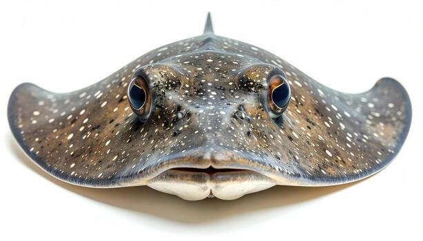 Close-up view of a spotted ray, showcasing intricate patterns and a smooth texture against a plain white background. photo