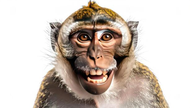Close-up of a playful monkey with a cheerful expression, set against a plain white background, showcasing its detailed features and warm tones. photo