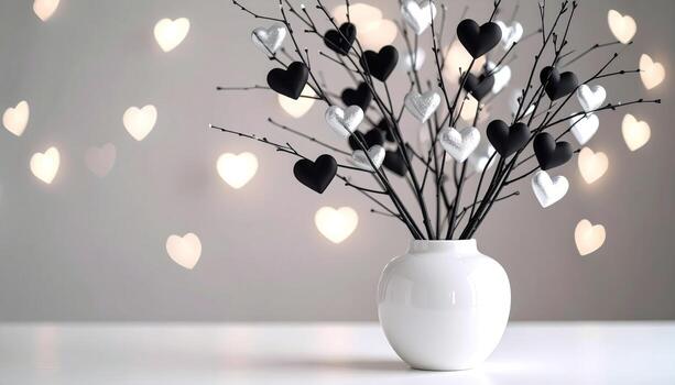 un florero de negro y plata corazones, ingeniosamente arreglado en sucursales, se sienta en contra un fondo de suave bokeh luces, creando un romántico y elegante mostrar. foto