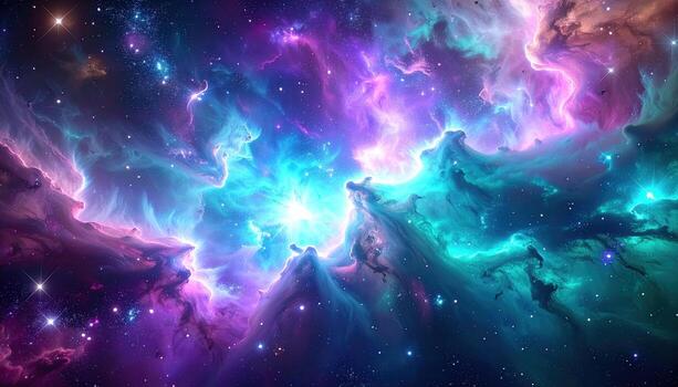 A vibrant display of nebulae and cosmic dust clouds in a vast expanse of space, showcasing a breathtaking array of luminous blues, pinks, and purples. photo