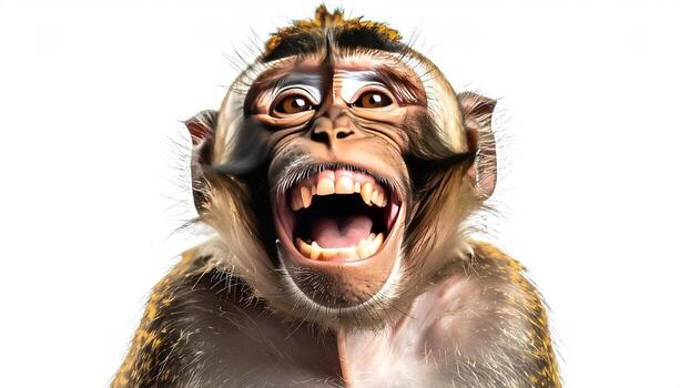 A delighted monkey with an open-mouthed expression fills the frame, showcasing a playful and exuberant mood. photo
