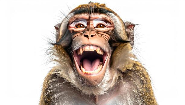 A close-up portrait of a playful monkey with an open-mouthed, joyful expression against a plain white backdrop. photo