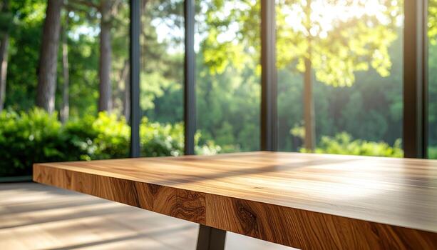 A light-brown wooden table top extends across the foreground, with a blurred view of lush greenery and trees beyond large windows. photo