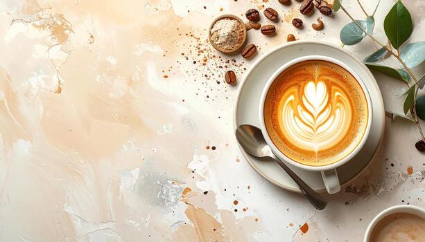 A delicate latte art design sits atop a creamy, textured surface, surrounded by coffee beans and natural elements, creating a serene and inviting atmosphere. photo