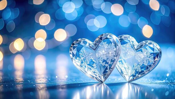 Two beautiful, faceted crystal hearts, adorned with intricate snowflake patterns, sit on a surface reflecting a soft, blue bokeh background. photo