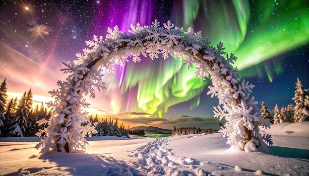 A majestic winter scene showcases a snow-covered archway, adorned with intricate frost patterns, framed by a vibrant aurora borealis display against a starlit sky. photo