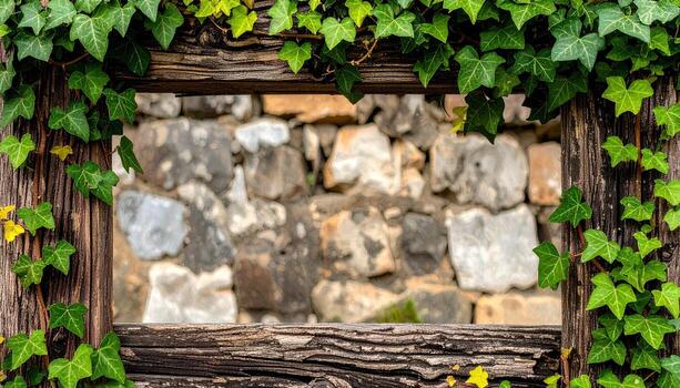 A weathered wooden frame, adorned with vibrant green ivy, encloses a blurred backdrop of stones, creating a serene and rustic composition. photo