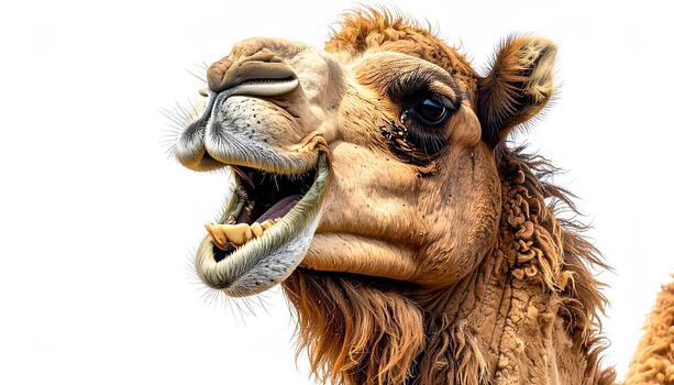 Close-up of a camel's head, with wide-open mouth, conveying a humorous or playful expression against a plain white background. photo