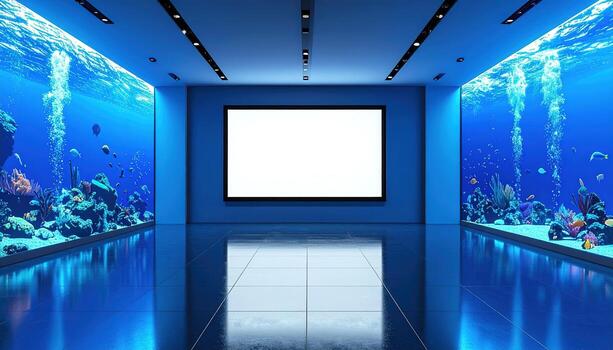 A spacious interior showcases a large aquarium, creating a captivating underwater scene. photo