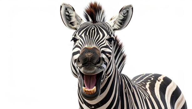 Close-up of a zebra with a wide-open mouth, showcasing its expressive features against a plain white background. photo