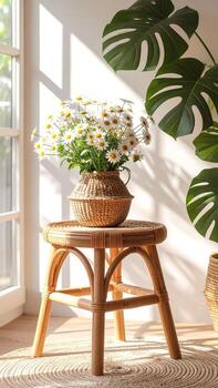 A charming wicker stool, adorned with a bouquet of daisies, sits by a sunny window, creating a serene and inviting atmosphere. photo