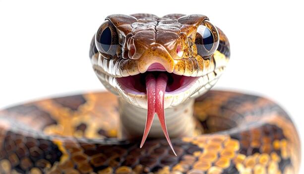 de cerca de un serpiente cabeza, mostrando intrincado patrones y un vibrante lengua extendido. foto