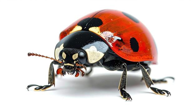de cerca de un vibrante mariquita con un detallado ver de sus vistoso caparazón, exhibiendo sus intrincado patrones y delicado piernas en contra un rígido blanco fondo. foto