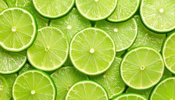 A vibrant display of fresh lime slices, showcasing a dense pattern of circular sections. photo