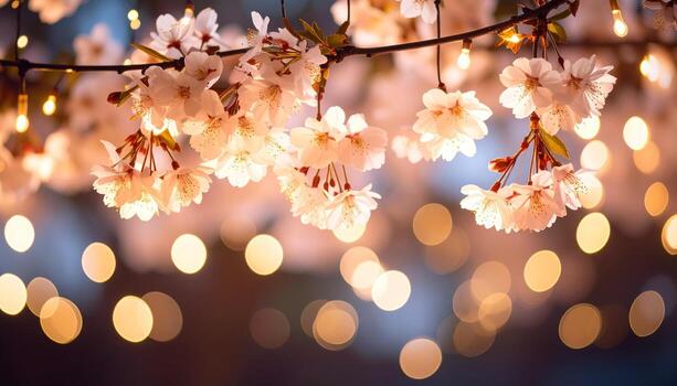 delicado Cereza flores iluminado por calentar cuerda luces, creando un suave, encantador escena de primavera. foto
