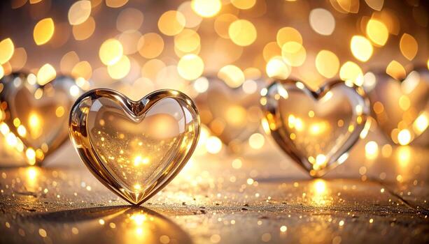 Several luminous, transparent heart-shaped objects are highlighted against a warm, golden background of bokeh lights. photo