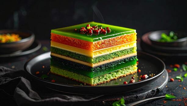 A vibrant, multi-layered cake slice showcases a spectrum of colors, from emerald green to sunny orange, arranged in precise horizontal bands on a dark plate. photo