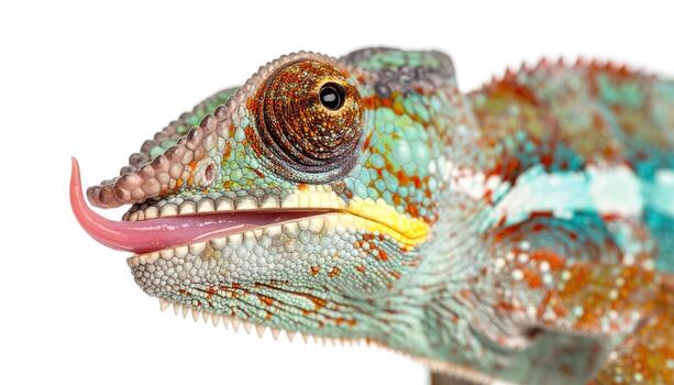 Close-up of a vibrant chameleon's head, displaying a striking array of colors and textures. Its expressive tongue is extended, showcasing the remarkable adaptability of this fascinating reptile. photo