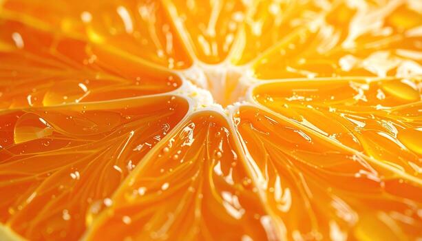 Close-up view of an orange segment, showcasing its vibrant, juicy texture and intricate patterns. photo