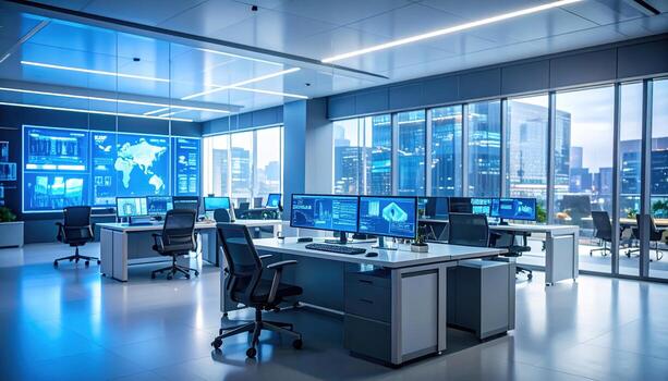 A modern, technologically advanced control room, illuminated by cool blue tones, showcasing numerous computers and displays with data visualizations, overlooking a bustling city skyline. photo