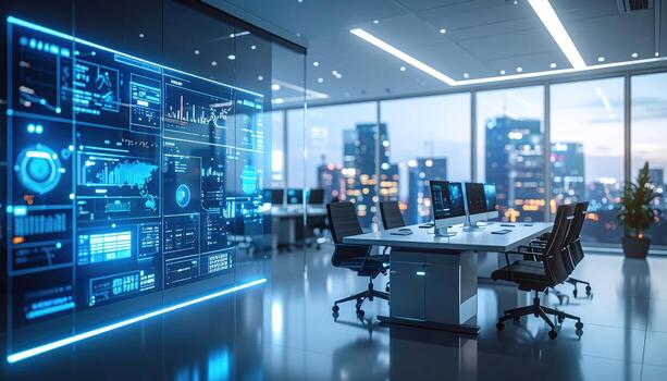 A modern office space showcases a large interactive display with glowing blue data visualizations, complemented by sleek furniture and a view of a bustling cityscape at night. photo