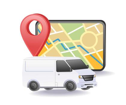 van car with location map screen symbol representing delivery,navigation,and logistics vector