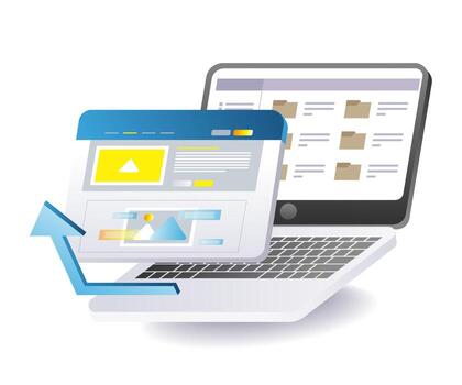 abierto ordenador portátil con digital carpeta en el monitor y web navegador página en frente vector