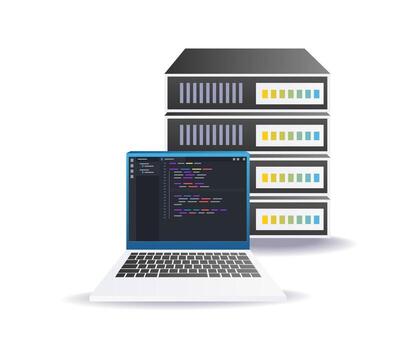 it server and laptop design symbolizing programmer work and data system vector