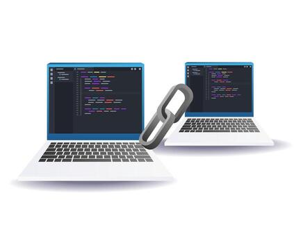 laptop with link symbol for programming,networking,and software development vector