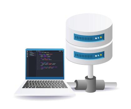 database network connection with laptop for information technology and data storage vector