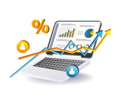 empresario trabajando con computadora y financiero datos vector