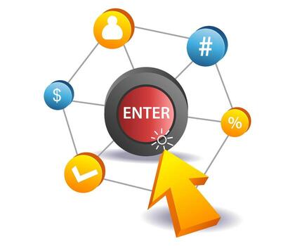 Click enter button with floating business symbol illustration vector