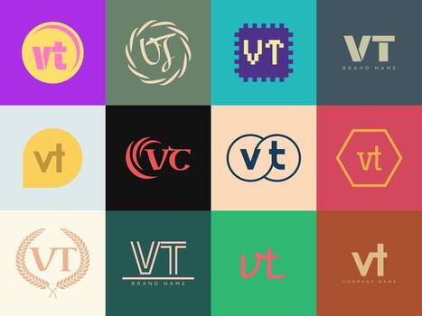 VT logo template. Letter v and t logotype. Set different classic serif lettering and modern bold text with design elements. Initial font typography. vector