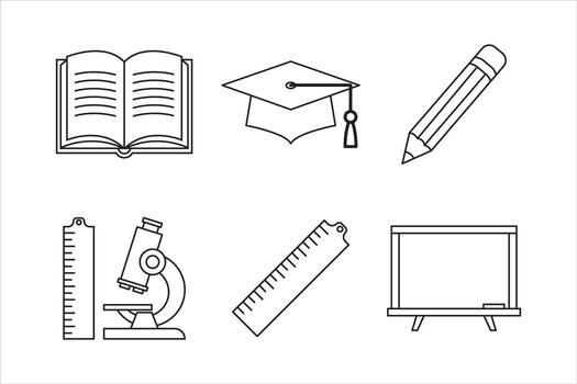 Collection of thin line education and science icons including an open book, graduation cap, pencil, microscope, ruler, and chalkboard vector
