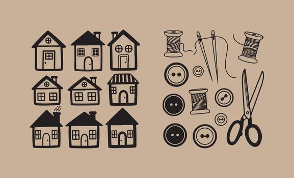 Hand drawn houses and sewing notions on a textured background vector