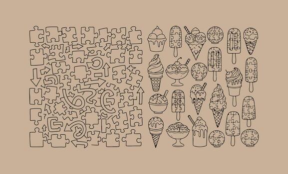 Intricate line drawing of abstract figures and shapes on a tan background vector