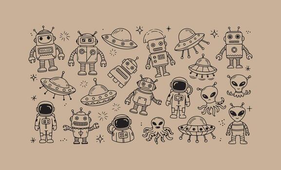 Whimsical hand drawn collection of robots aliens and spaceships vector