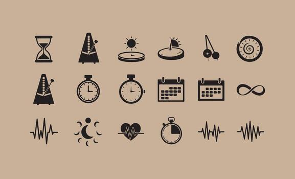 Collection of time and measurement icons on a textured background vector